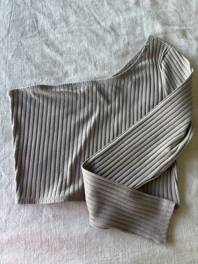 Forever 21 Taupe Ribbed One-Shoulder Long Sleeve Top